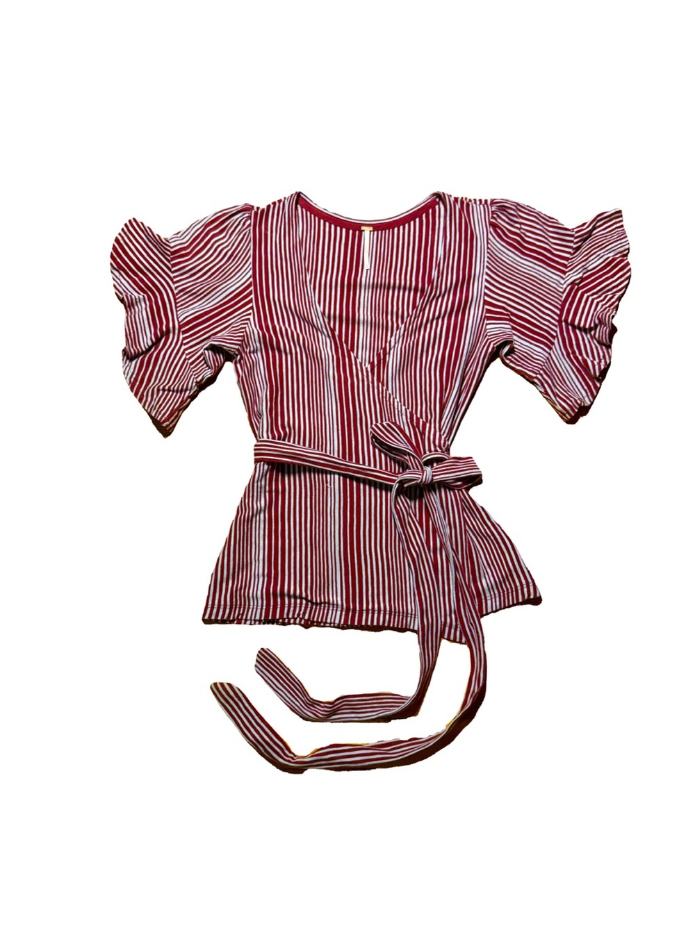 Free People Burgundy & White Striped Wrap Top with Frilly Sleeves Women’s Small